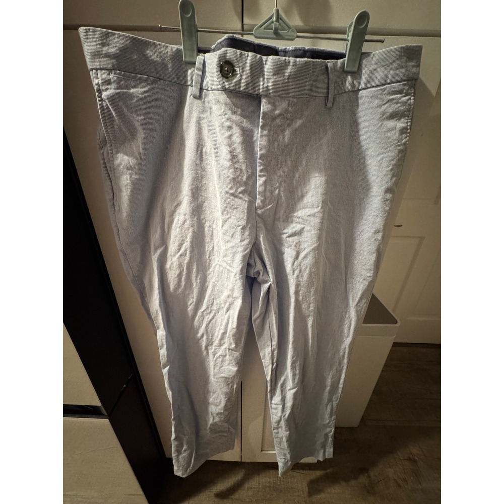 Lands End Mens 36 Seersucker Pants Light Blue White Striped Classic Flat Front